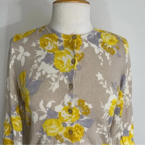Charter Club Women's Tan Golden Watercolor Floral Soft Button Cardigan Size M - Picture 5 of 15